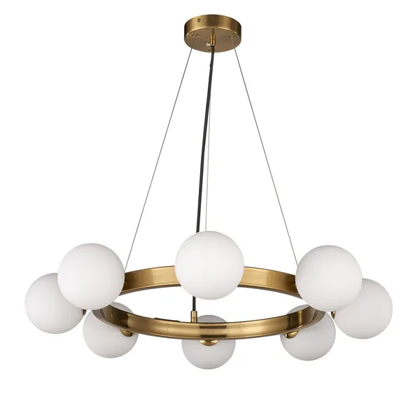 Lampa wisząca Molecula 60cm – żyrandol, złoto szczotkowane, klosze mleczne