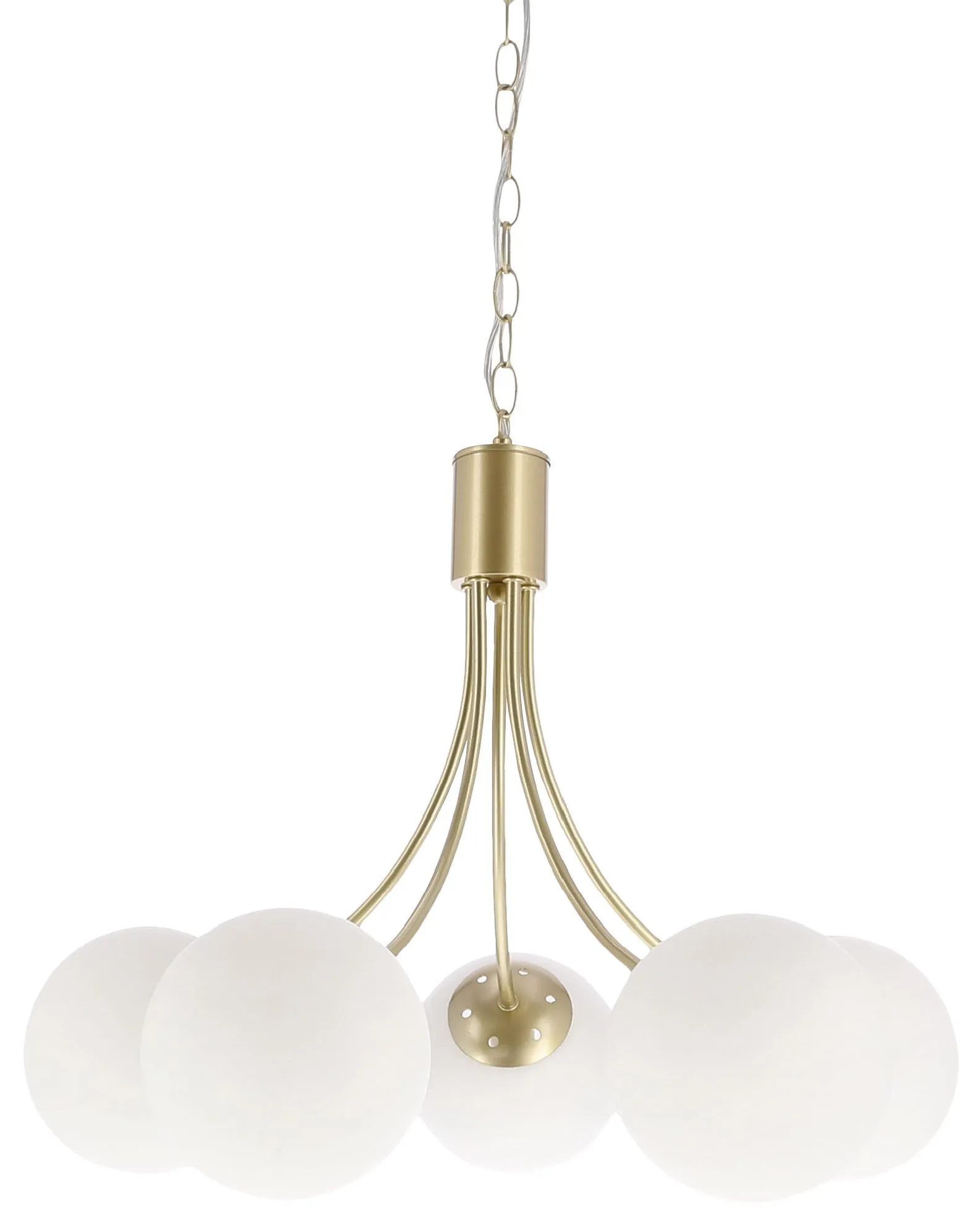 Lampa wisząca Dani 5x40W E14 mosiądz, biały klosz, elegancka oprawa sufitowa do salonu, styl klasyczny i nowoczesny, pięć punktów światła