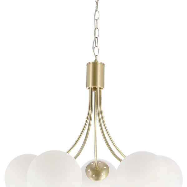 Lampa wisząca Dani 5x40W E14 mosiądz, biały klosz, elegancka oprawa sufitowa do salonu, styl klasyczny i nowoczesny, pięć punktów światła