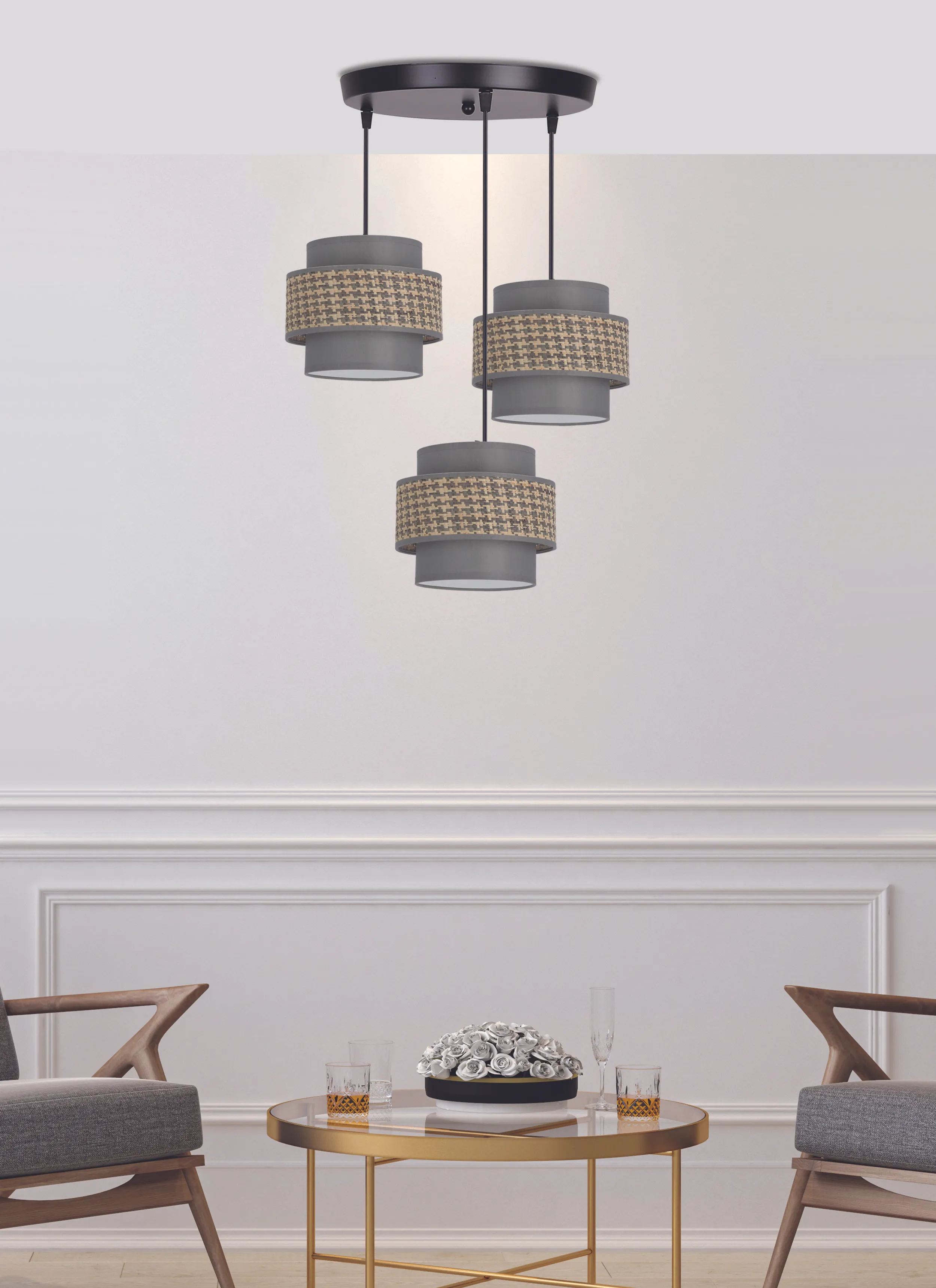 LUCCIA LAMPA WISZĄCA CZARNY TALERZ 3X40W E27 ABAŻUR BEŻOWY+GRAFITOWY - obrazek 2