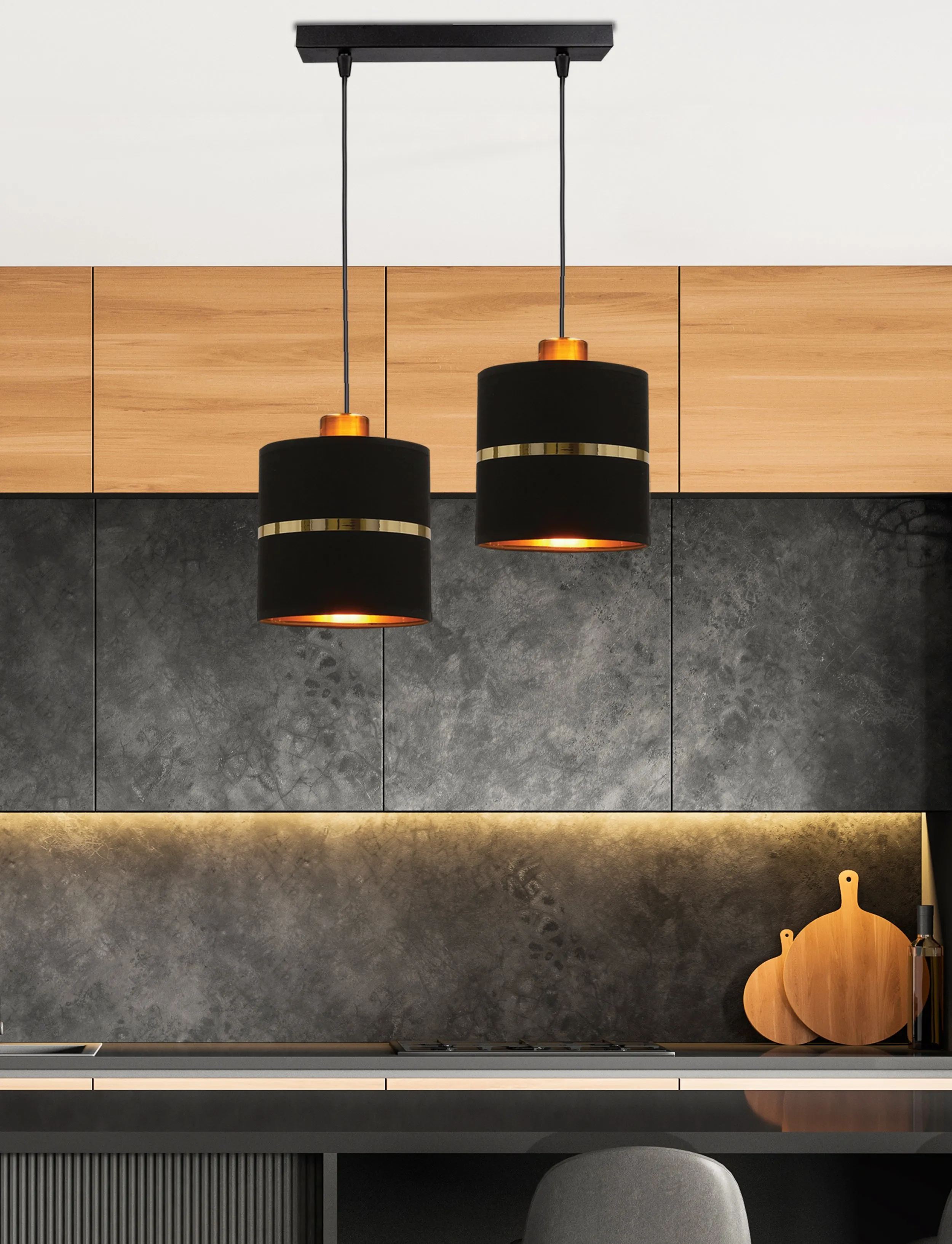 Assam lampa wisząca czarny+złoty 2x60w e27 abażur czarny+złoty pasek - obrazek 2