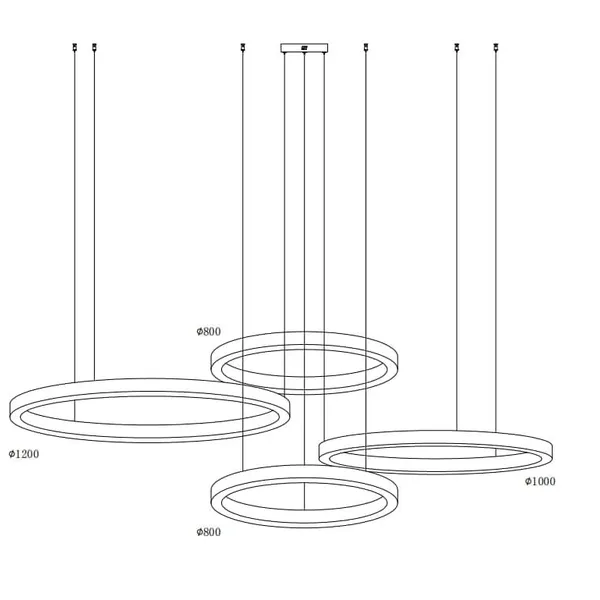 Lampa wisząca CIRCLE 4 80+80+100+120 cm - LED, ringi mosiądz szczotkowany na 1 podsufitce