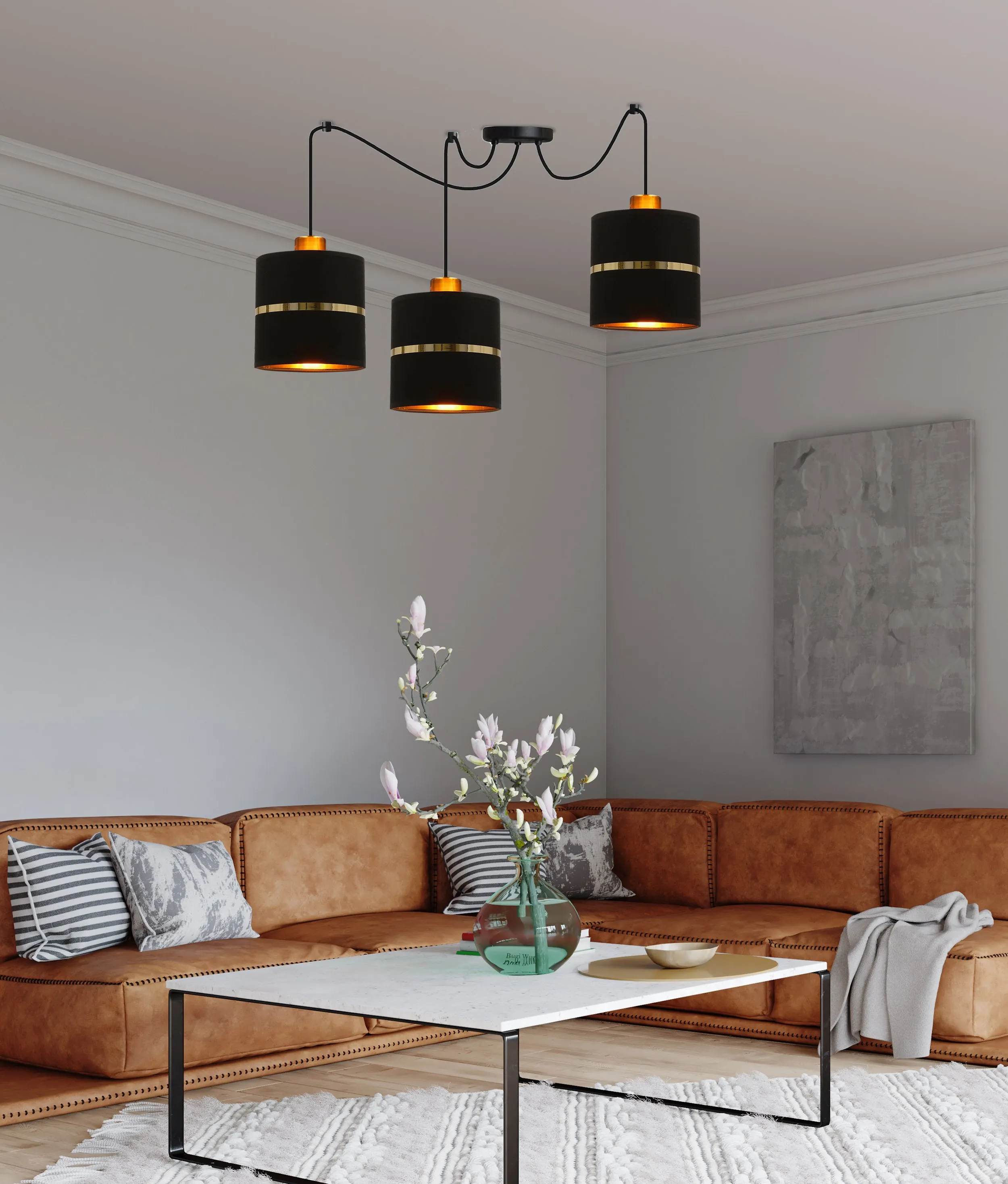 Assam p lampa wisząca czarny+złoty 3x60w e27 abażur czarny+złoty pasek - obrazek 2