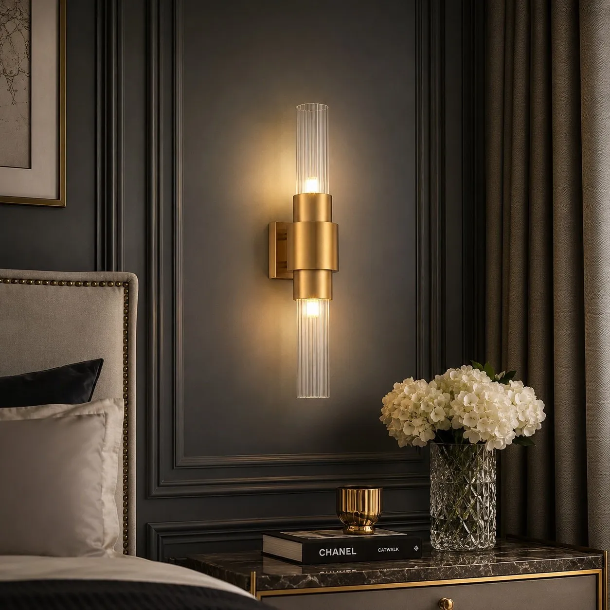 Lampa ścienna GLOW 46 cm - kinkiet złoty szczotkowany, szkło ryflowane - obrazek 3
