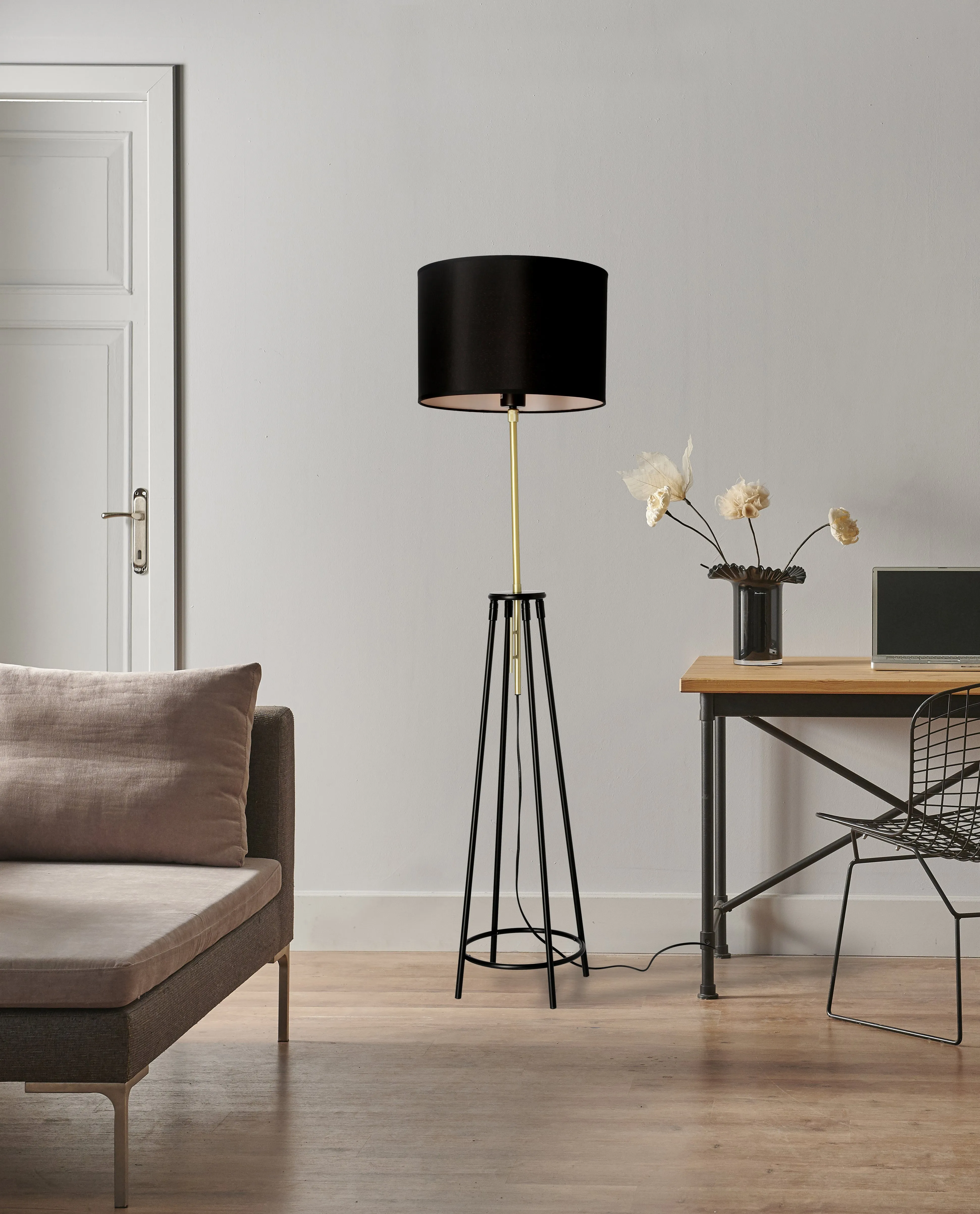 TEGOLA LAMPA PODŁOGOWA CZARNY+ZŁOTY MATOWY 1X60W E27 ABAŻUR CZARNY - obrazek 2