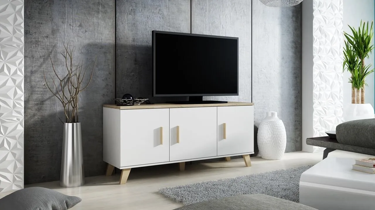 Komoda RTV LOTAR 150 3D biel brylantowa / dąb sonoma - obrazek 2