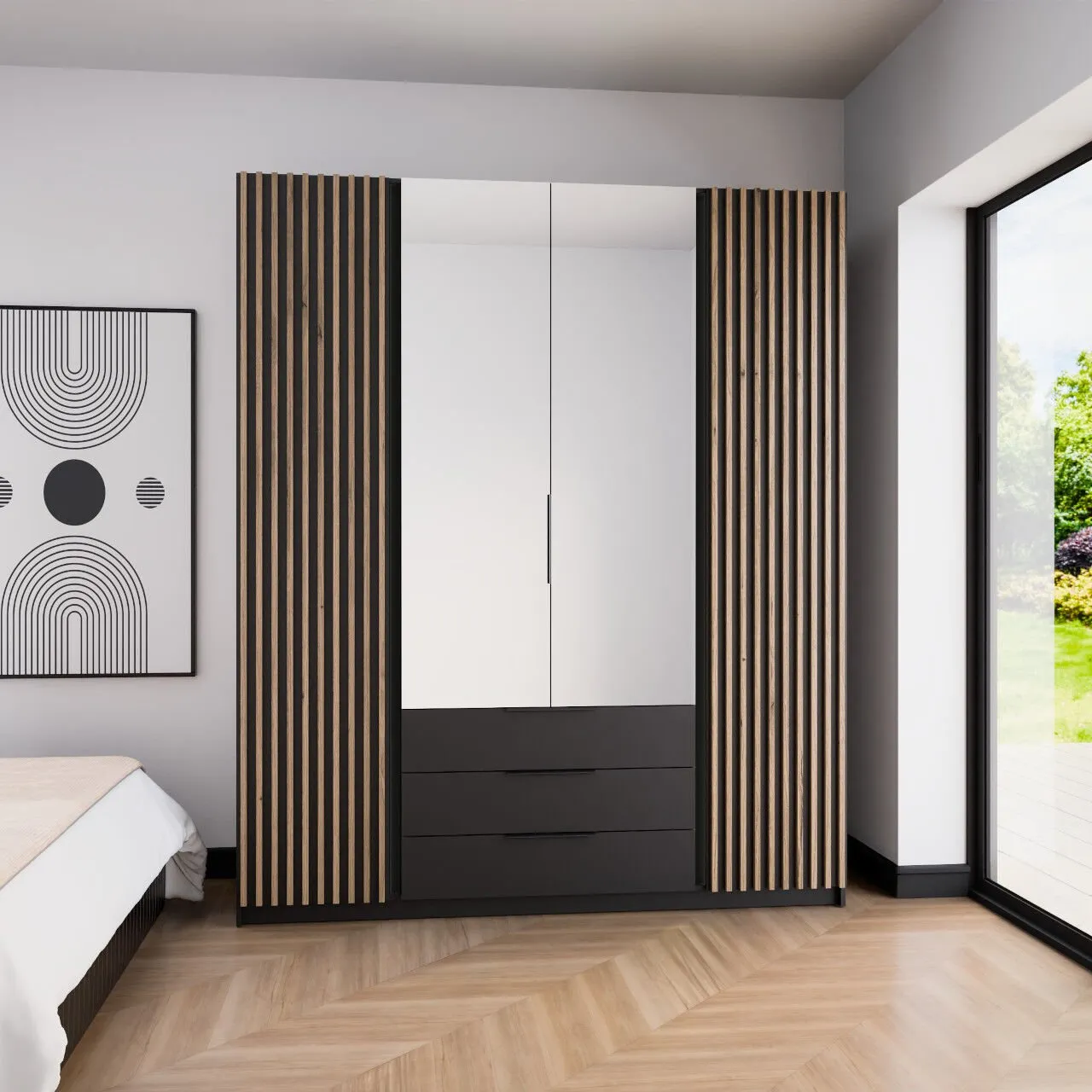 Szafa 200cm z lustrem i szufladami KAYA 05 czarny / czarny / dąb evoke - obrazek 4