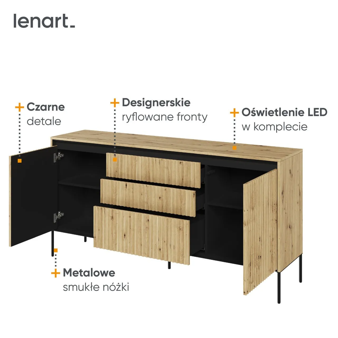 Komoda 2D3S z oświetleniem dąb artisan/czarny TREND TR01 - obrazek 5