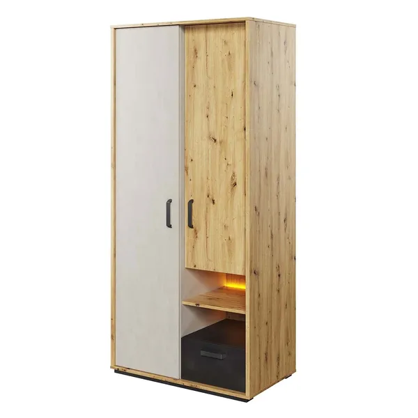 Szafa 2D1S z oświetleniem dąb artisan/raw steel/silk flou QUBIC QB03