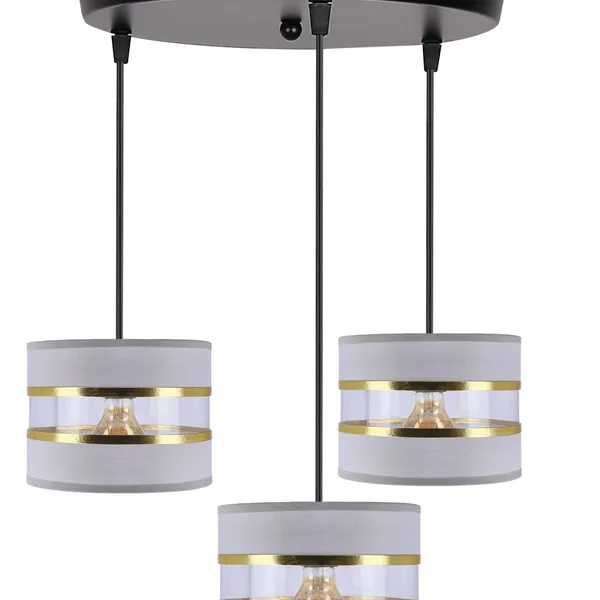 PANDY lampa wisząca czarny talerz 3x40W E27 abażur szary+złoty