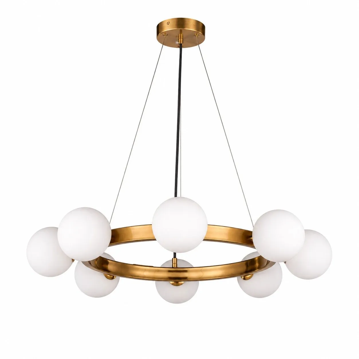 Lampa wisząca Molecula 60cm – żyrandol, złoto szczotkowane, klosze mleczne - obrazek 8