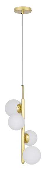 Lampa wisząca CORDEL elegancka - złoty mosiądz z białymi kloszami kulkami - designerska lampa do salonu 4x G9 LED