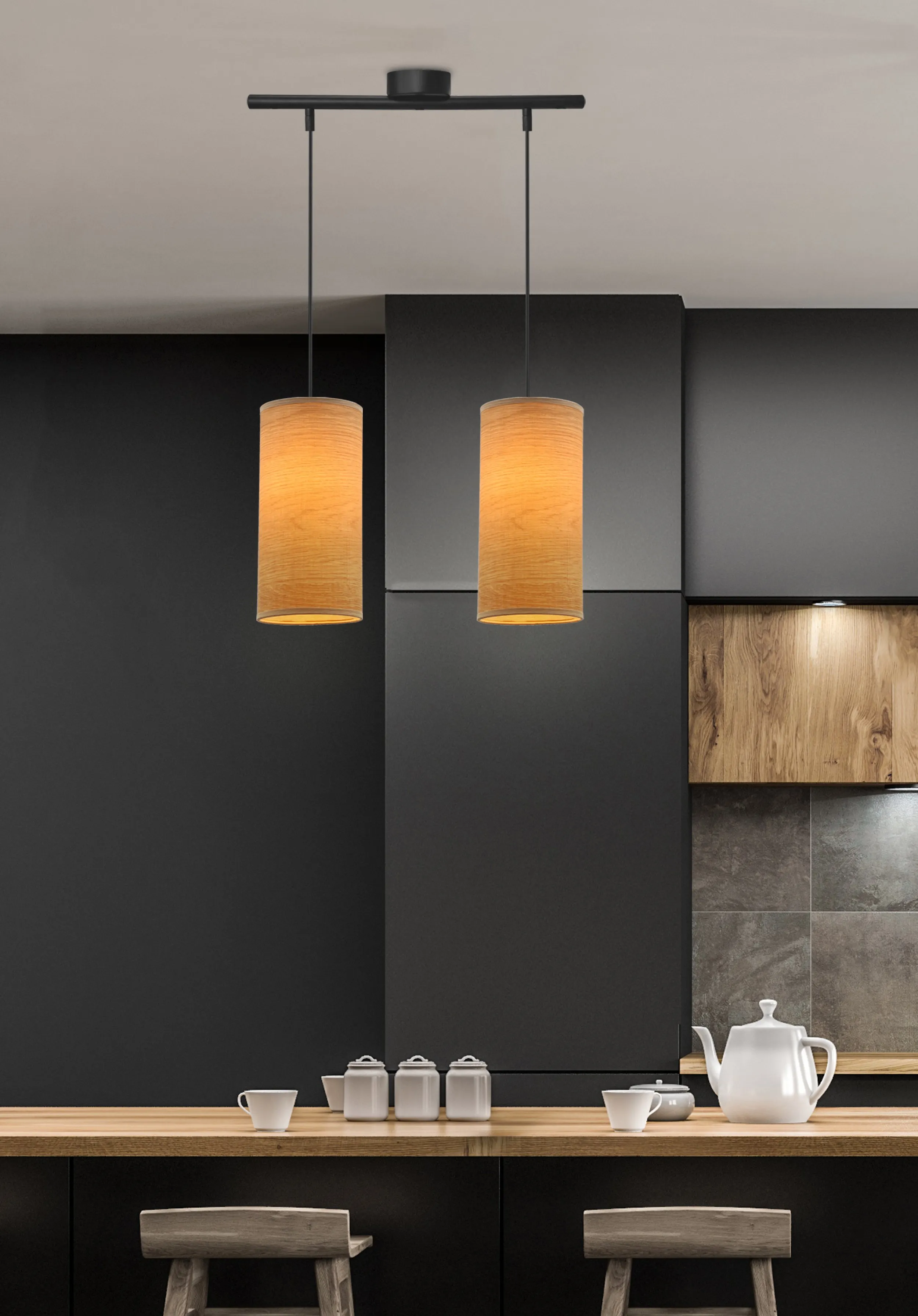 Ballo lampa wisząca czarny 2x60 e27 abażur orzechowy - obrazek 2