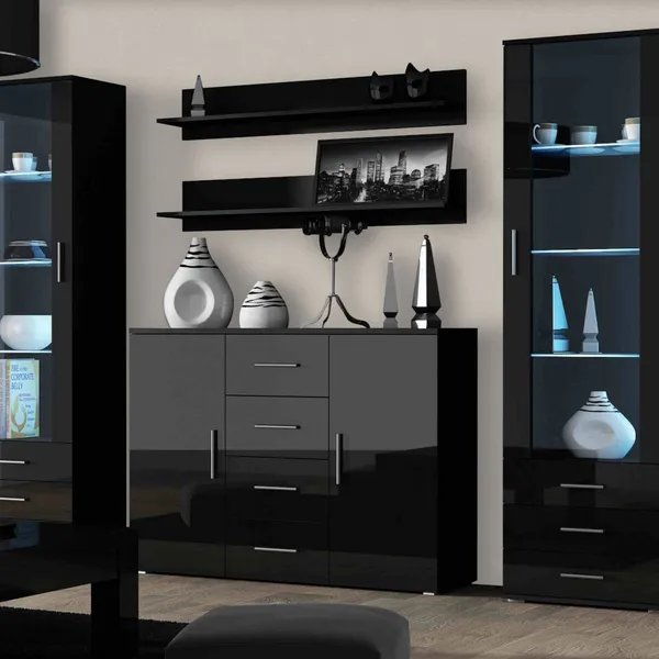 Meblościanka SINDI 3D czarny / czarny połysk
