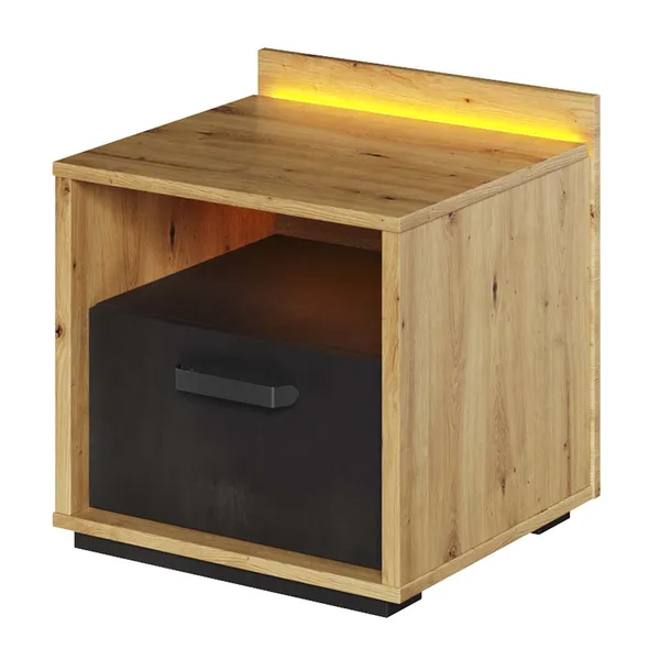 Stolik nocny z oświetleniem dąb artisan/raw steel/silk flou QUBIC QB10