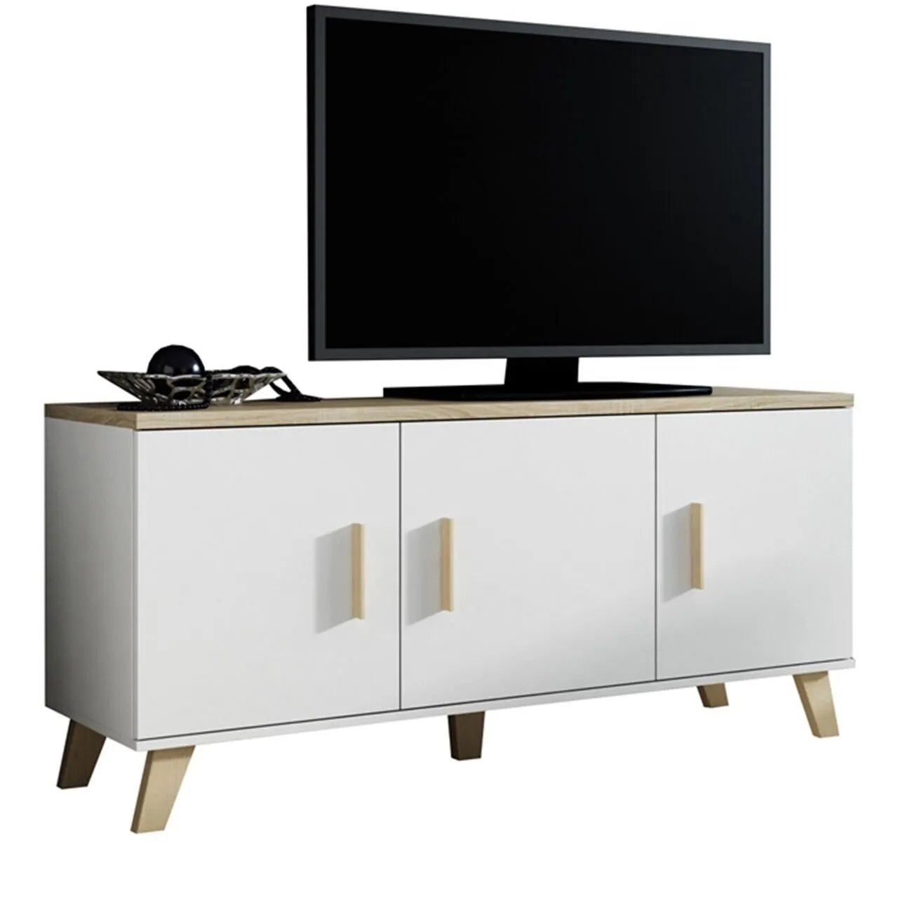 Komoda RTV LOTAR 150 3D biel brylantowa / dąb sonoma