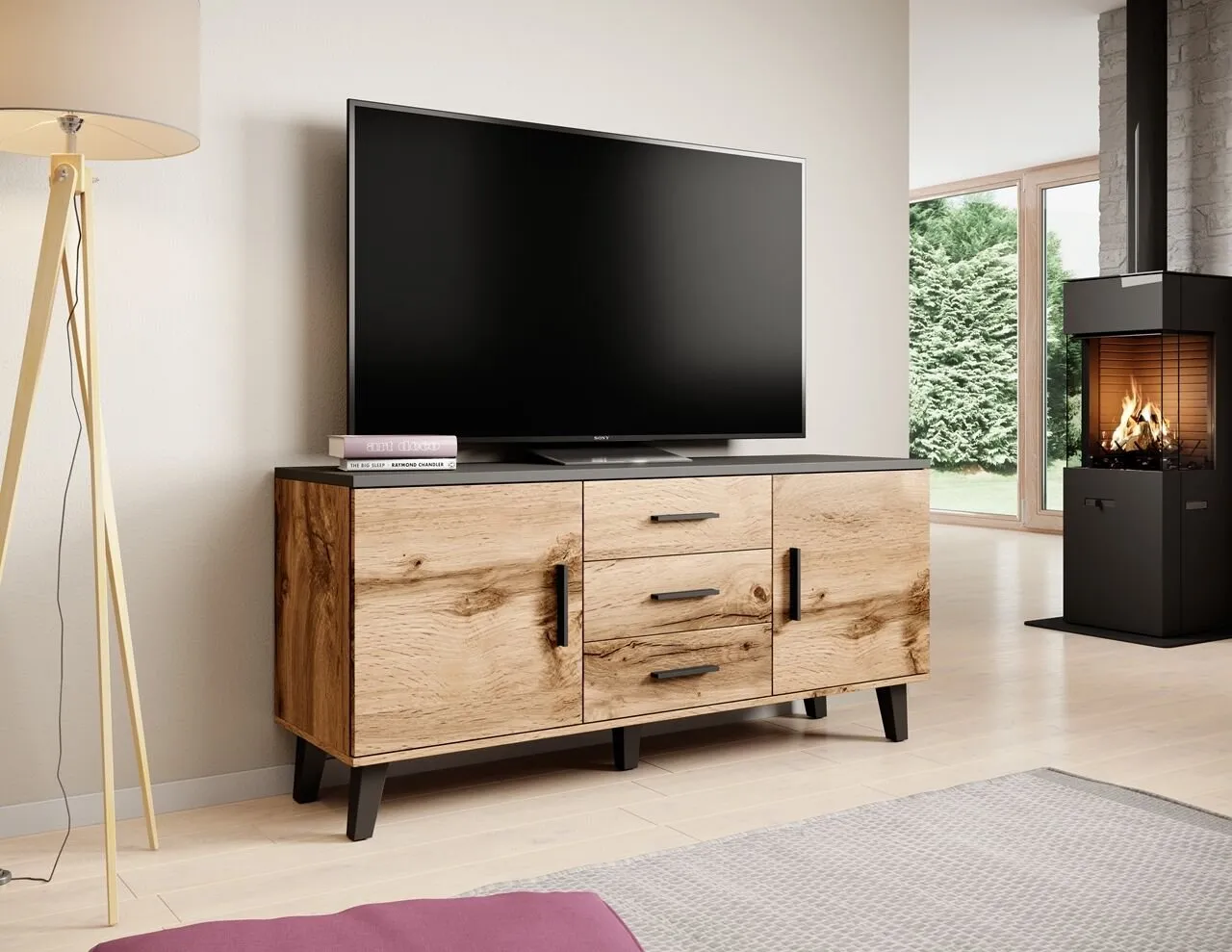 Komoda RTV LOTAR 150 2D3S dąb wotan / czarny - obrazek 3