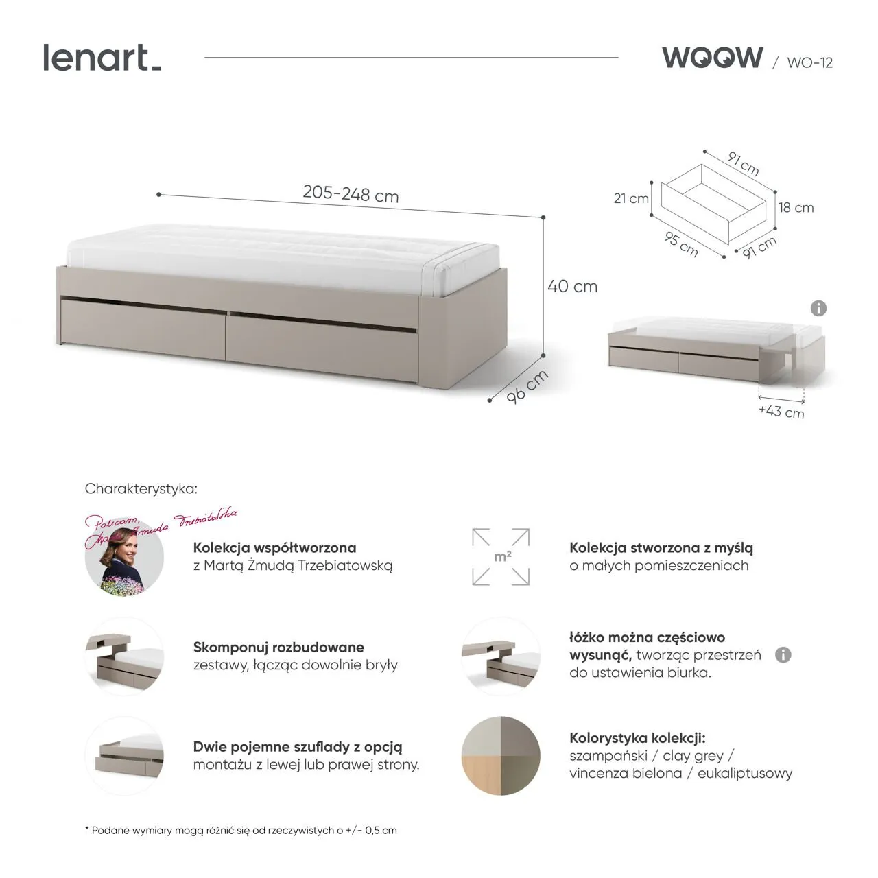 Łóżko rozsuwane 90x200 clay gray WOOW WO12 - obrazek 4