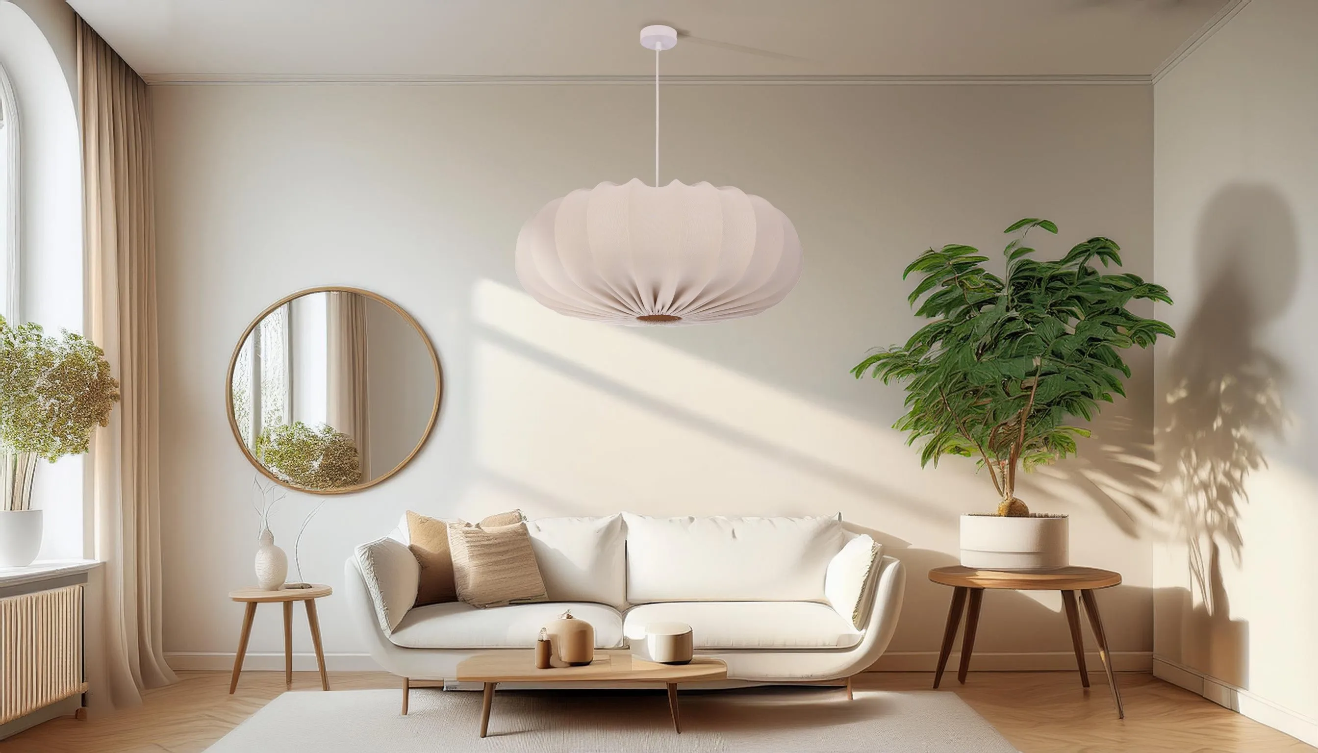 Lampa wisząca CAFEE’ skandynawska z abażurem beżowym frappe 66 cm - nowoczesne oświetlenie sufitowe do salonu i jadalni E27 - obrazek 2