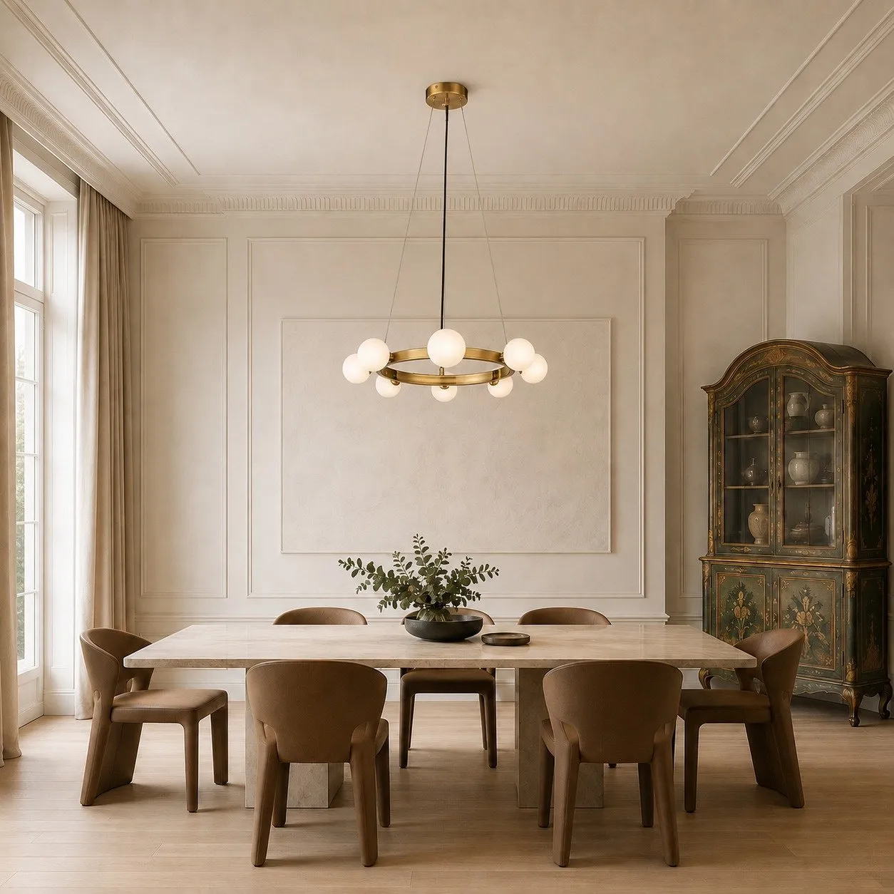 Lampa wisząca Molecula 60cm – żyrandol, złoto szczotkowane, klosze mleczne - obrazek 5