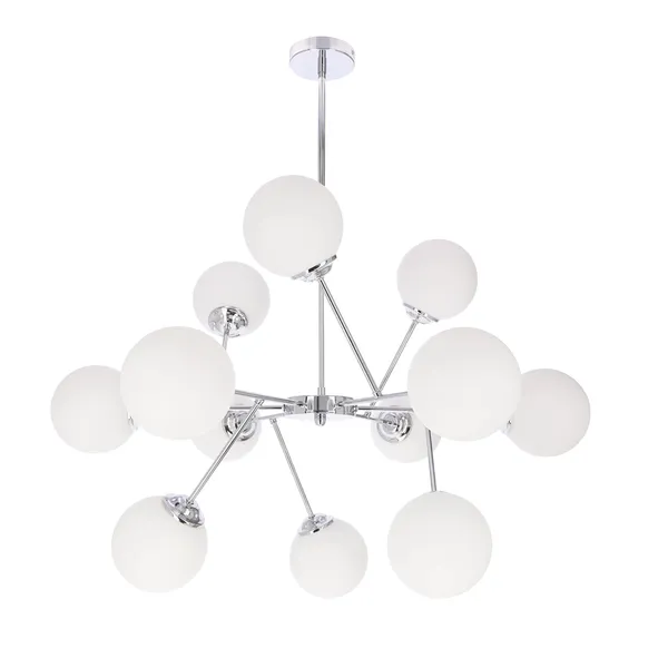 BELWEDER lampa wisząca sufitowa 12x40W E14 chromowana oprawa biały klosz żyrandol elegancki klasyczny glamour do salonu jadalni dużych wnętrz