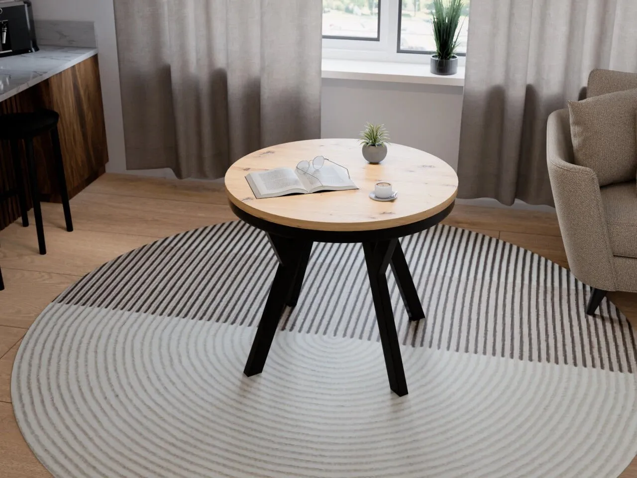 Stół okrągły HAX 90cm rozkładany do 190cm dąb artisan i czarne nogi - obrazek 5