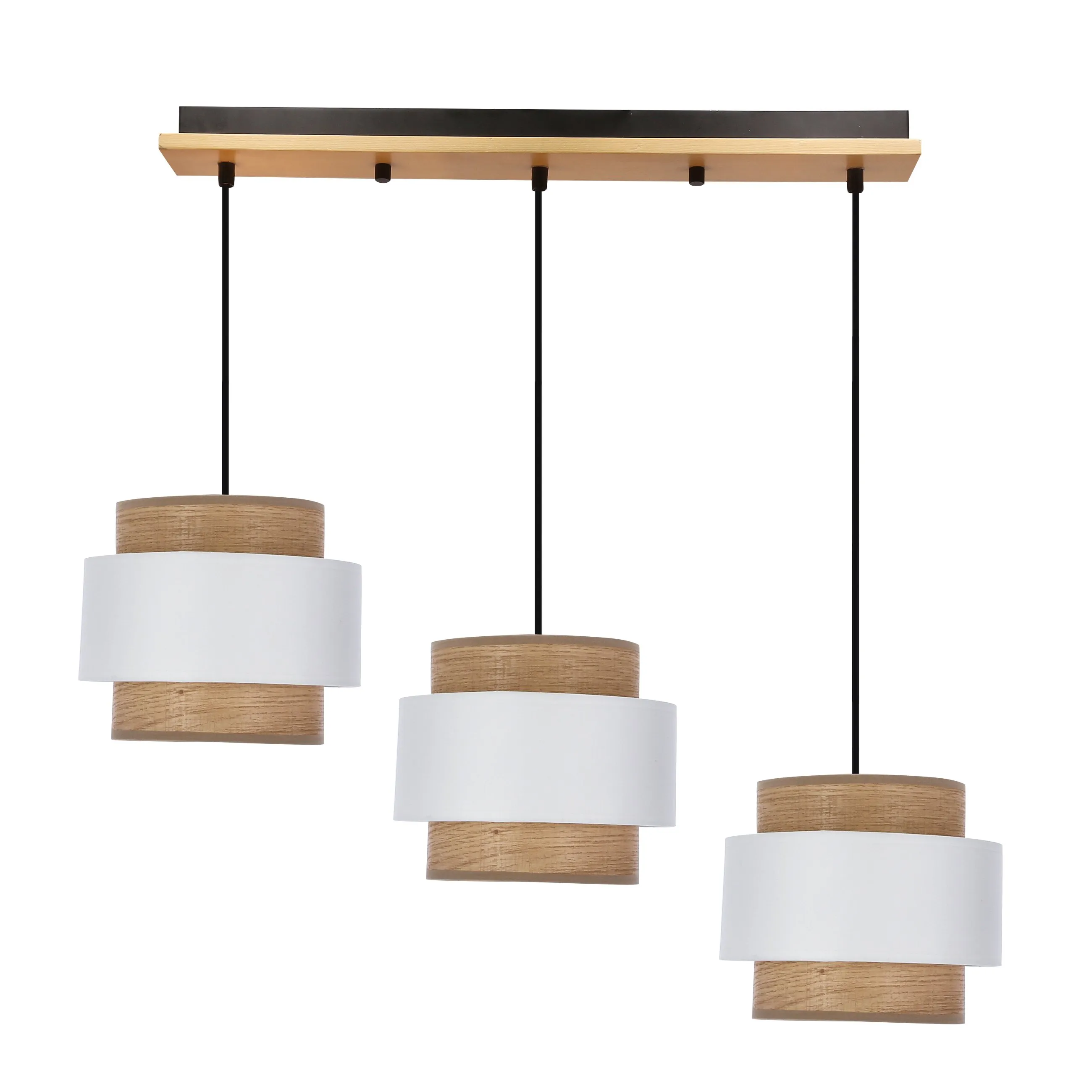 Lampa wisząca Forni 3xE27 40W czarna z drewnem, abażury biały i orzechowy do salonu, kuchni, jadalni