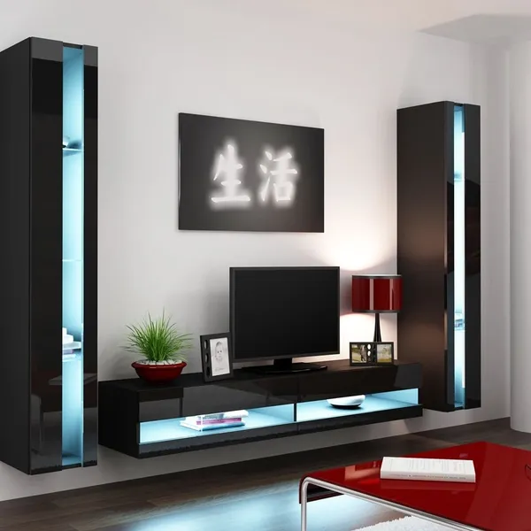 Meblościanka GOVI NEW 3D czarny / czarny połysk