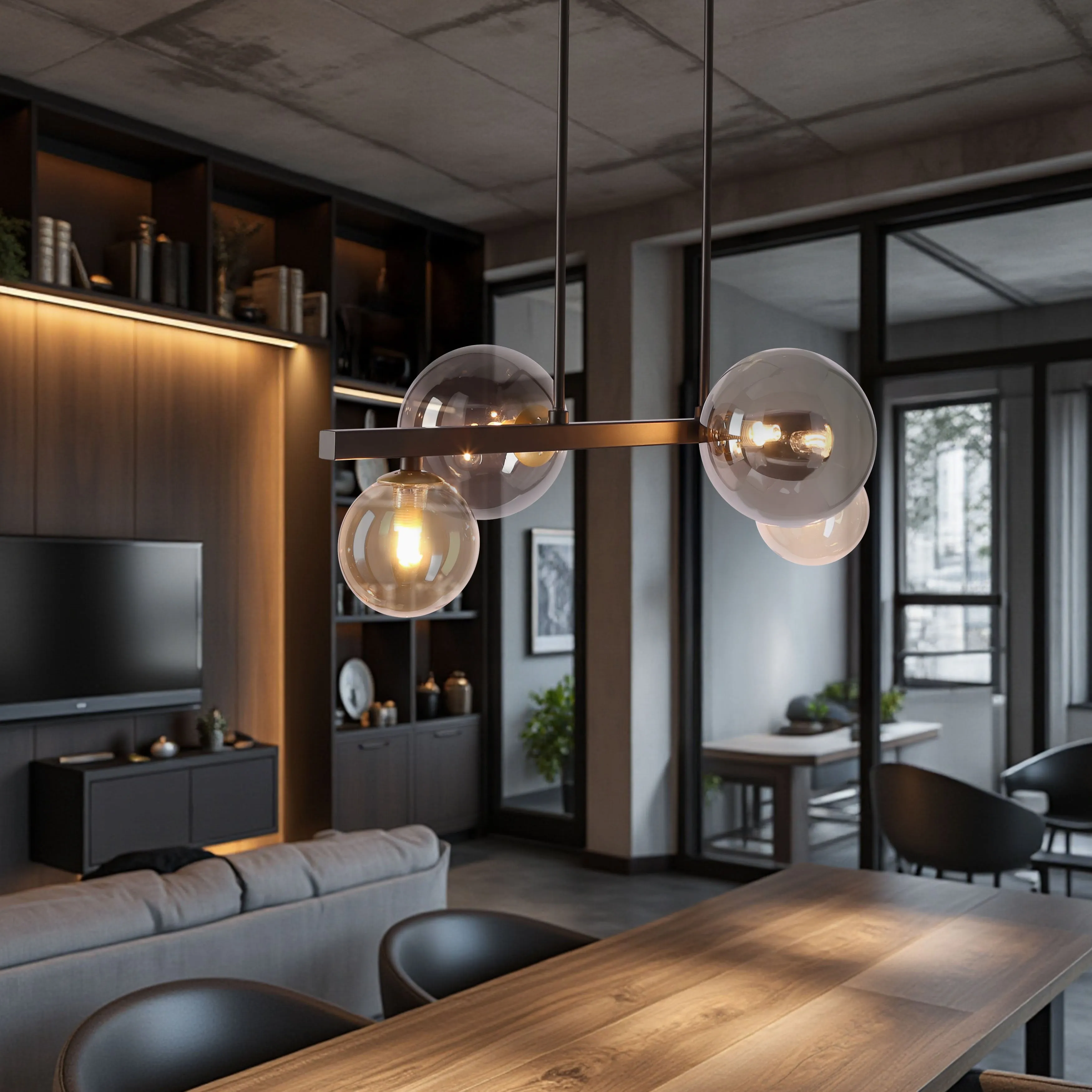 Lampa wisząca Kama 4x28W G9 czarna i złota, klosze grafitowe i bursztynowe, styl nowoczesny, elegancka oprawa sufitowa - obrazek 3