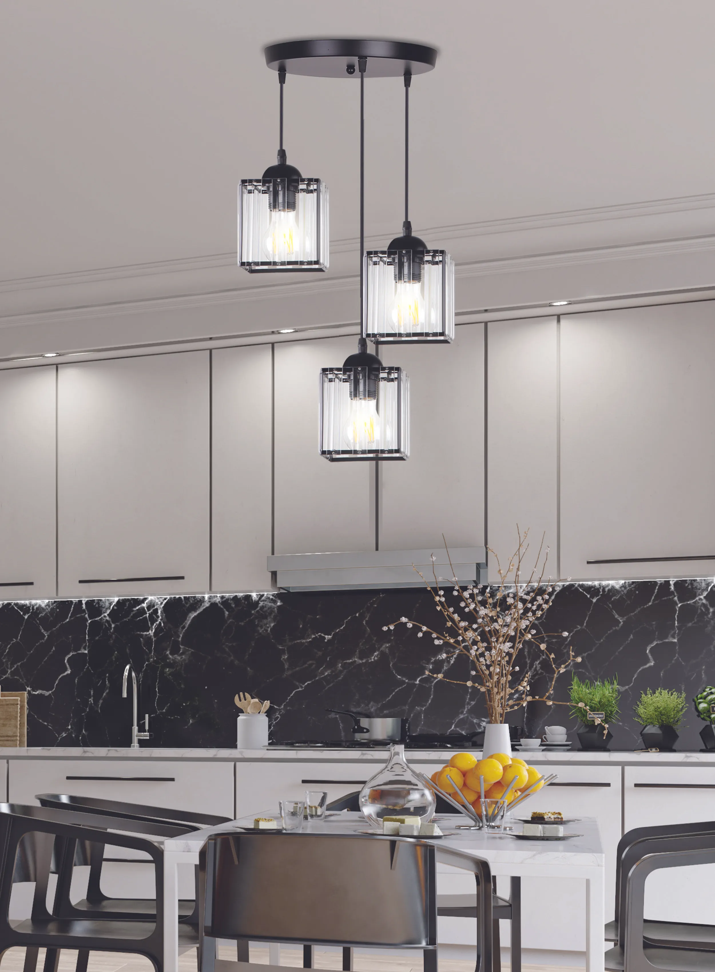 GLASSIA LAMPA WISZĄCA TALERZ CZARNY 3X40 E27 KLOSZ CZARNY+KRYSZTAŁY BEZBARWNE - obrazek 2